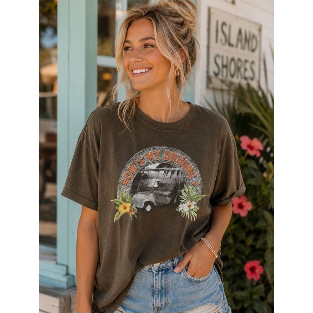 How's My Driving? Funny T-Shirt The Villages Florida Size L Golf Cart Tropical
